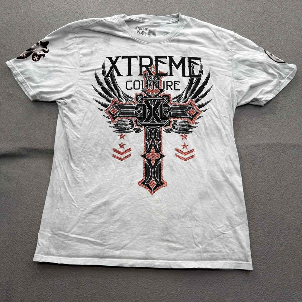 Xtreme Couture Shirt Mens 2XL White Cross Graphic Tee Tagless Double Sided